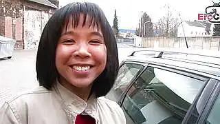 German Asian young woman next door approached on the street for orgasm casting